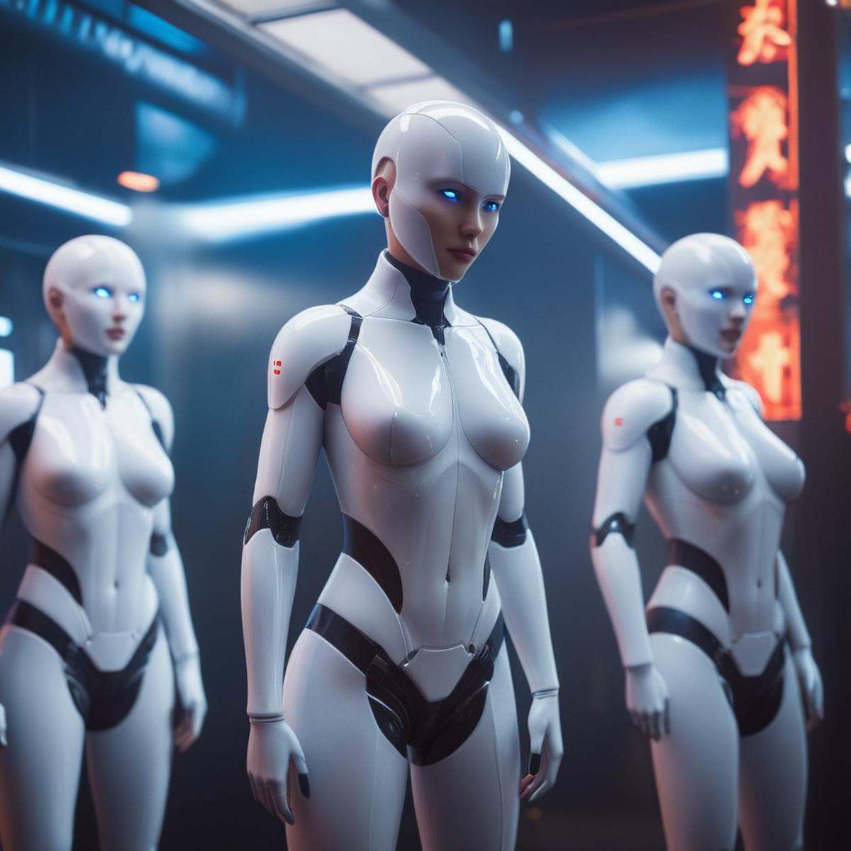 cinematic film still of perfection style Unreal Engine style In Japanese manga cyberpunk city a group of white and red hum...