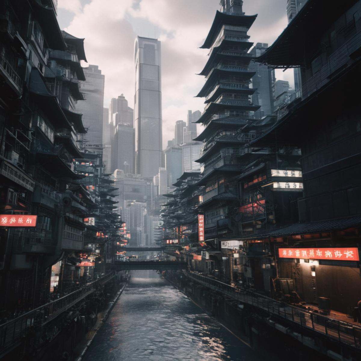 cinematic film still of perfection style Unreal Engine style In Japanese manga cyberpunk city a city with a lot of tall bu...