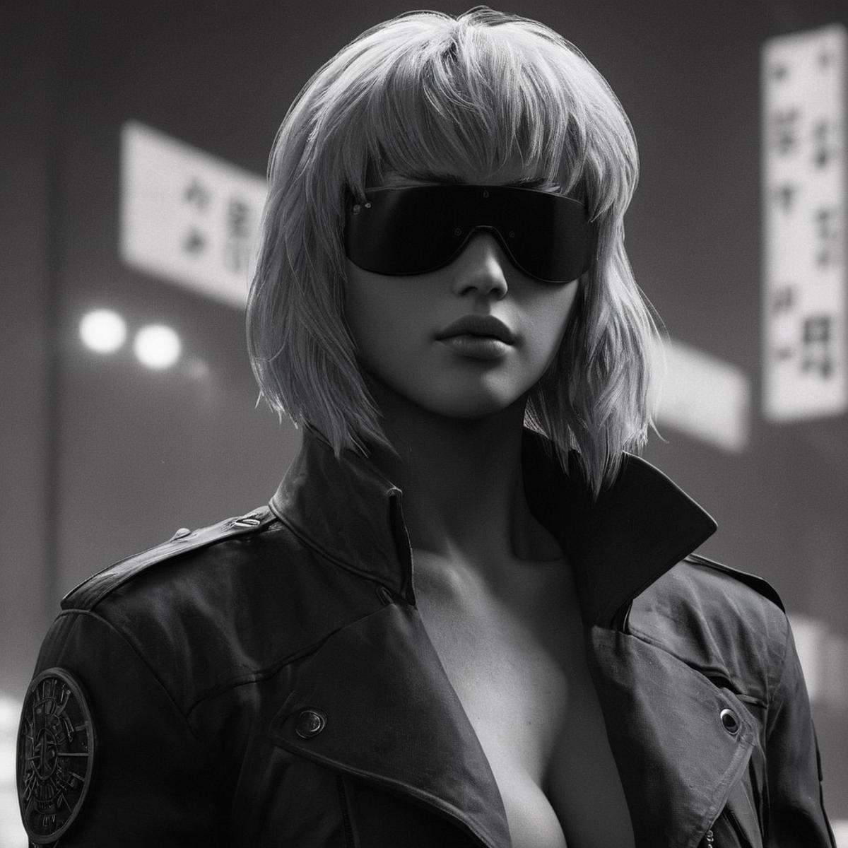 cinematic film still of perfection style Unreal Engine style In Japanese manga cyberpunk city Batou a humanoid with a blac...