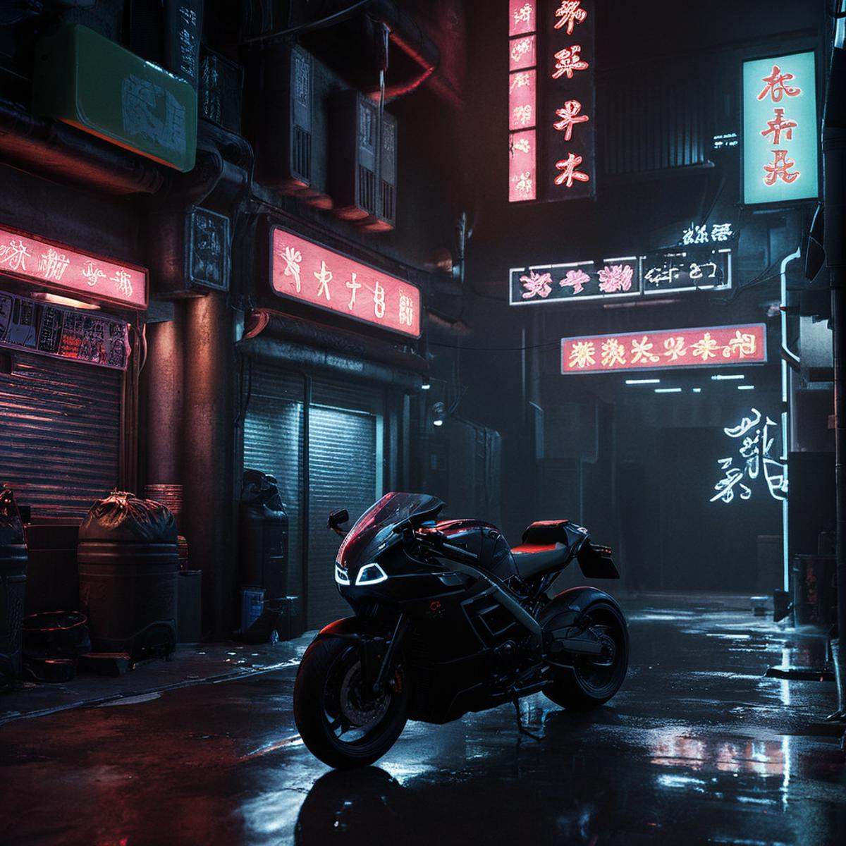 cinematic film still of perfection style Unreal Engine style In Japanese manga cyberpunk city a neon lit street with a mot...