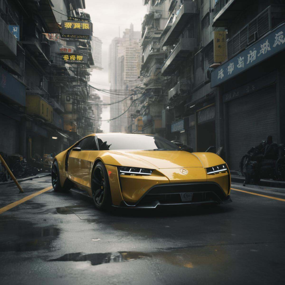 cinematic film still of perfection style Unreal Engine style In Japanese manga cyberpunk city a yellow car with a gun on t...