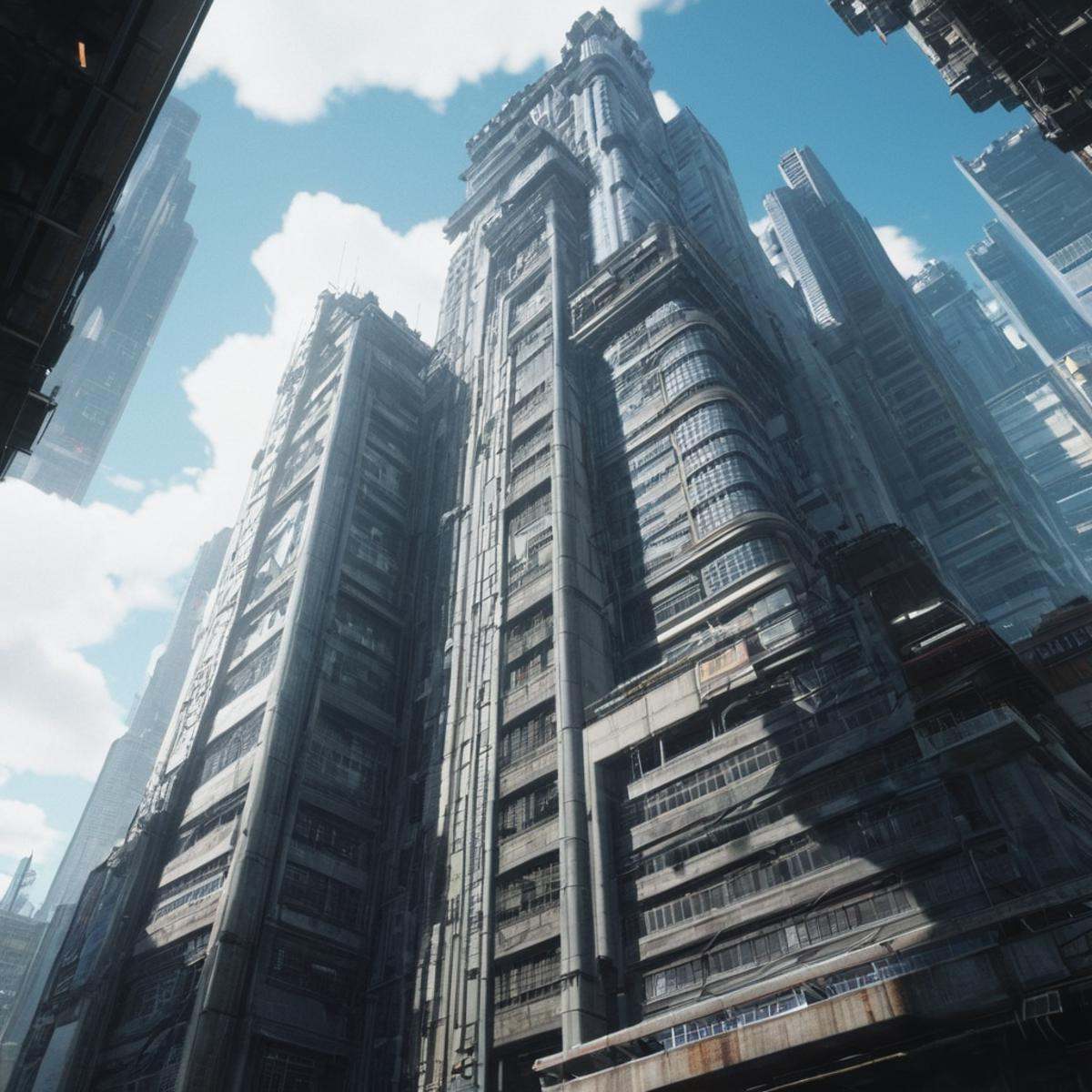perfection style Unreal Engine style From below,  In Japanese manga cyberpunk city a view of a very tall building from the...