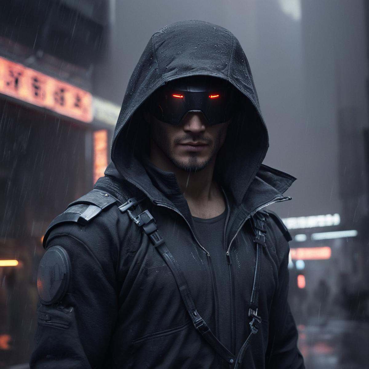 cinematic film still of perfection style Unreal Engine style In Japanese manga cyberpunk city a hoodie cyborg in a suit wi...