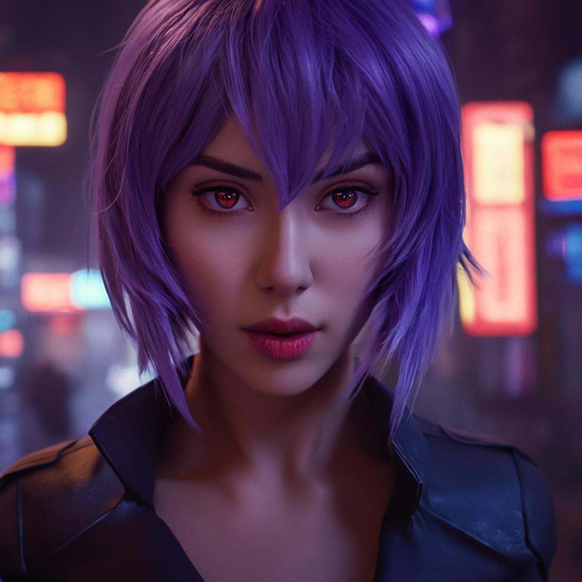 cinematic film still of perfection style Unreal Engine style a surprised looking crazy woman with purple hair and a mask o...