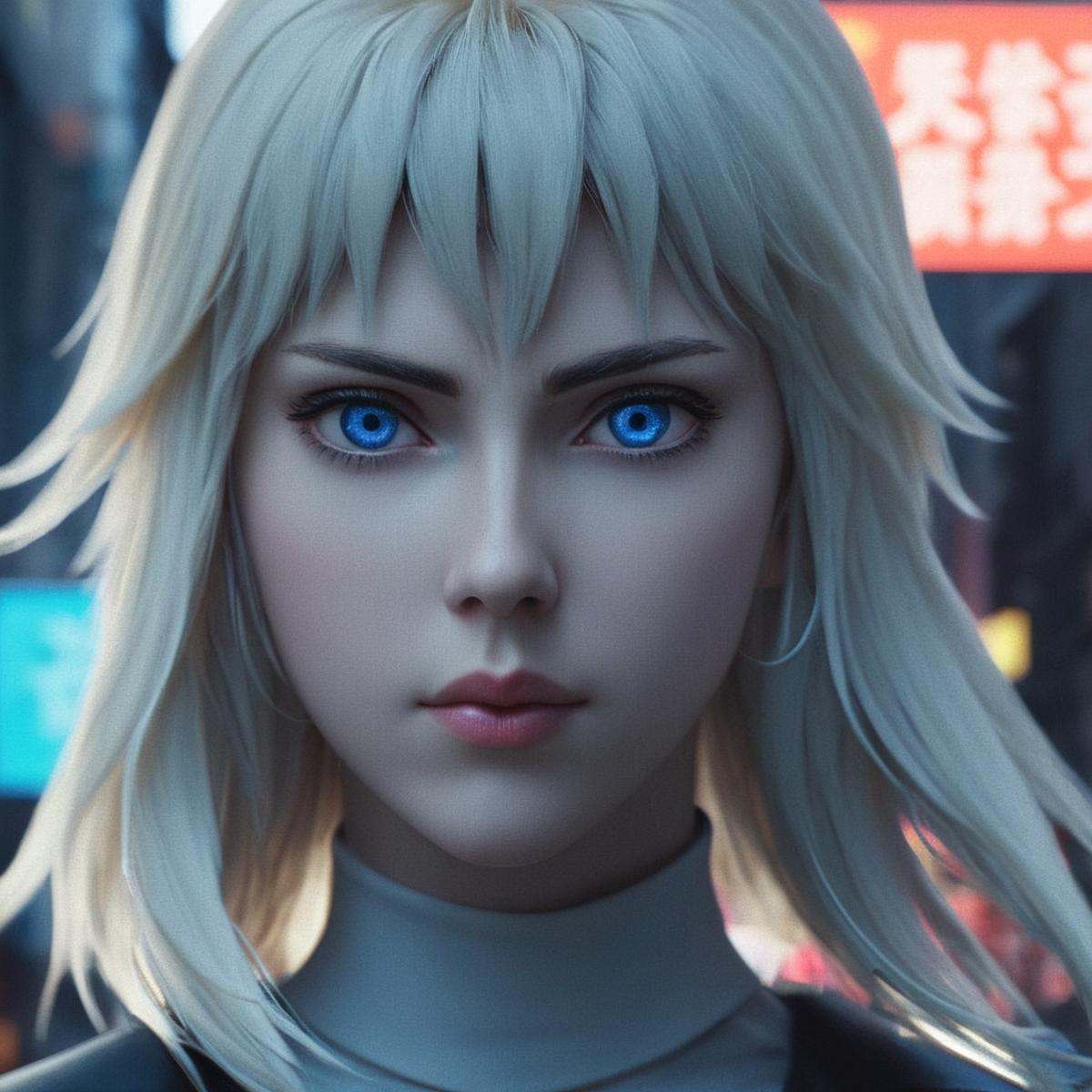 cinematic film still of perfection style Unreal Engine style In Japanese manga cyberpunk city a surprised woman with long...