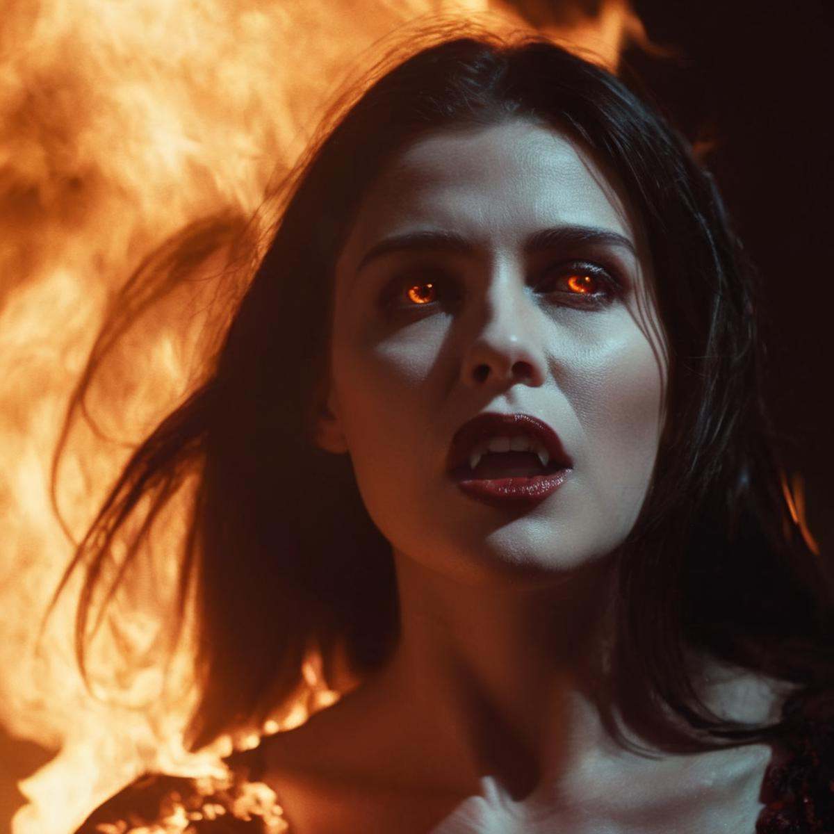 cinematic film still of a vampire woman is on fire and completely disintegrated and burned by the sun cinematic vampire fi...