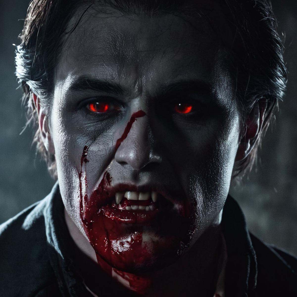 Dark Fantasy Art of a vampire man with a bloody face from the 18th century dying in pain cinematic vampire film style,  da...