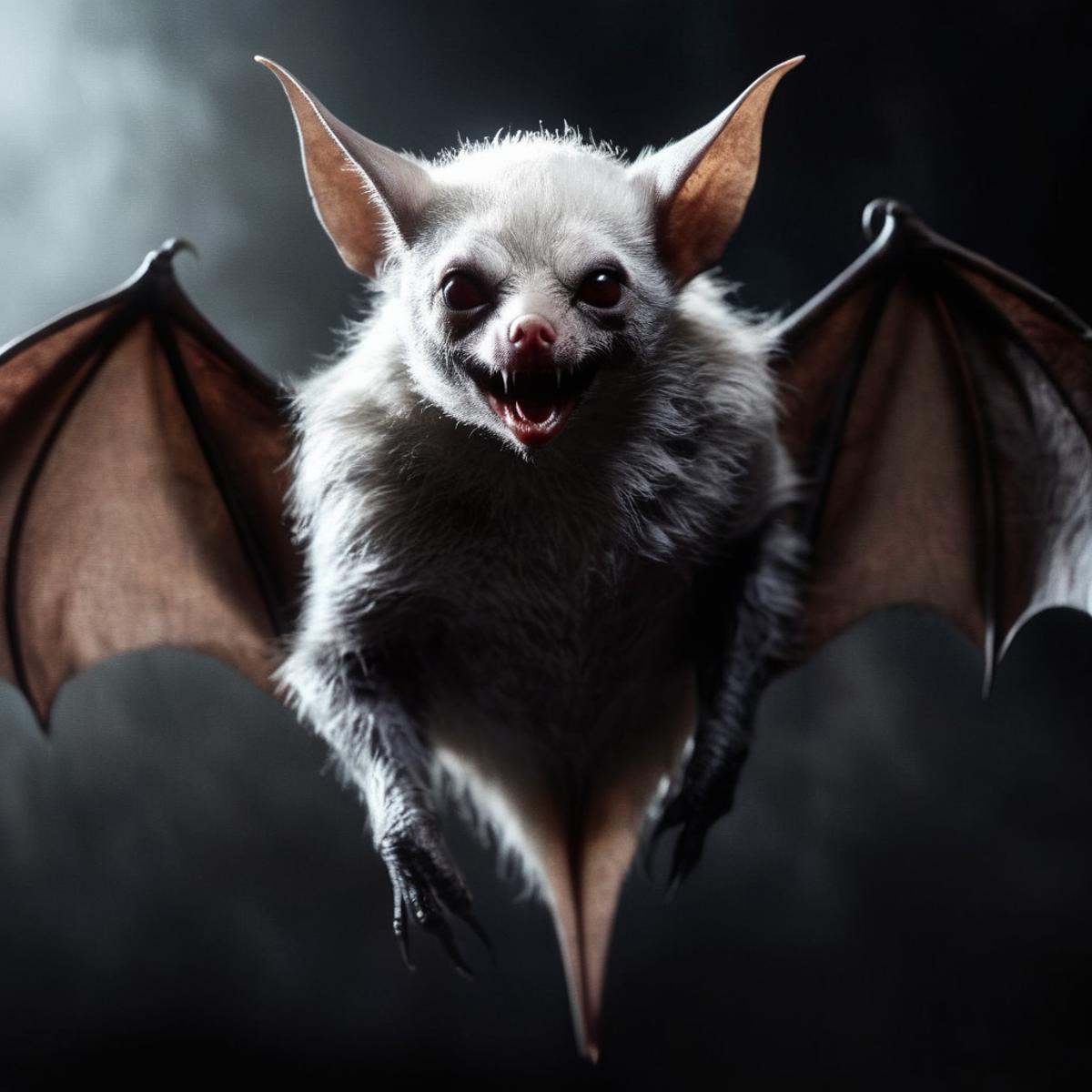 Dark Fantasy Art of a vampire bat creature with a large,  white body and a large,  hairy head and bat wings cinematic vamp...