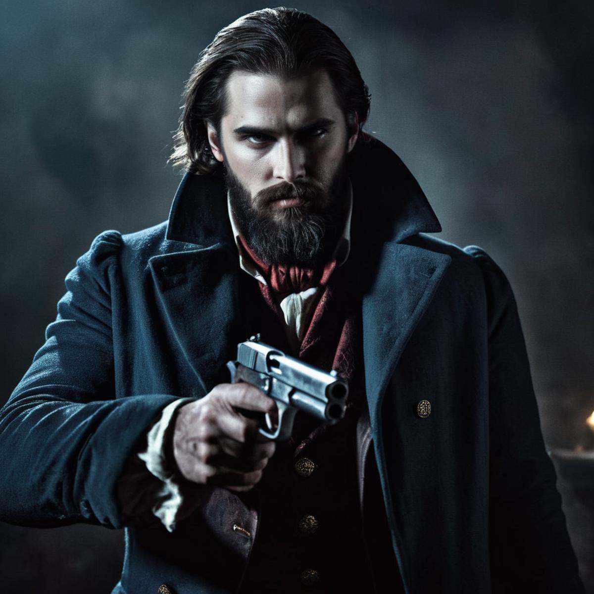 Dark Fantasy Art of a man with a beard holding a gun from the 18th century cinematic vampire film style,  dark,  moody on...