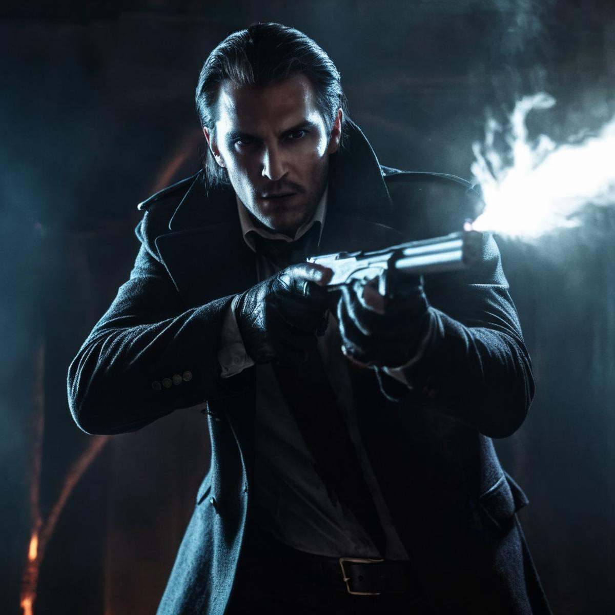 Dark Fantasy Art of a man with a gun in a dark room with an epic muzzle flash cinematic vampire film style,  dark,  moody...