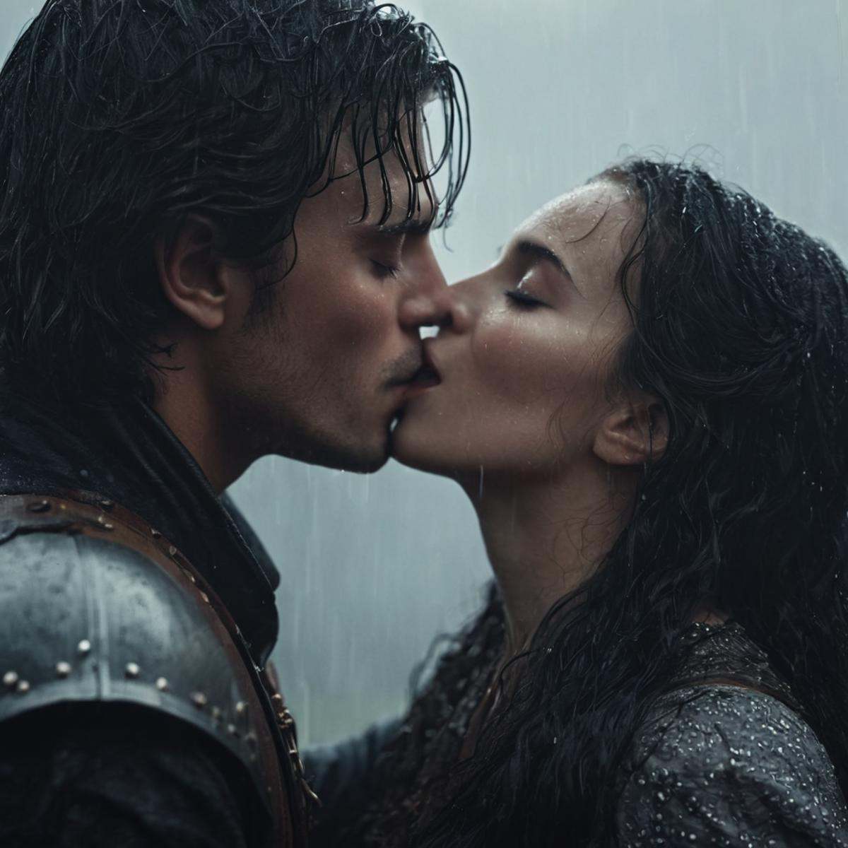cinematic film still of middle ages medieval era a couple of people kissing in the rain,  1girl,  long hair on Tensor.Art