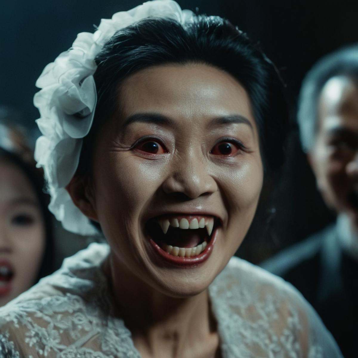cinematic film still of Vampire pale skin undead creatures of the night an asian old woman with a vampire toothy smile is...