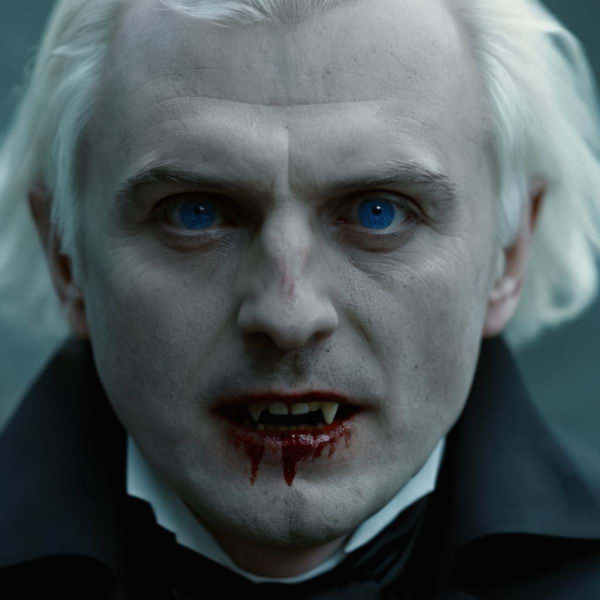 cinematic film still of Vampire Dracula an old looking pale skin man with a bloody face and a black coat,  solo,  looking...