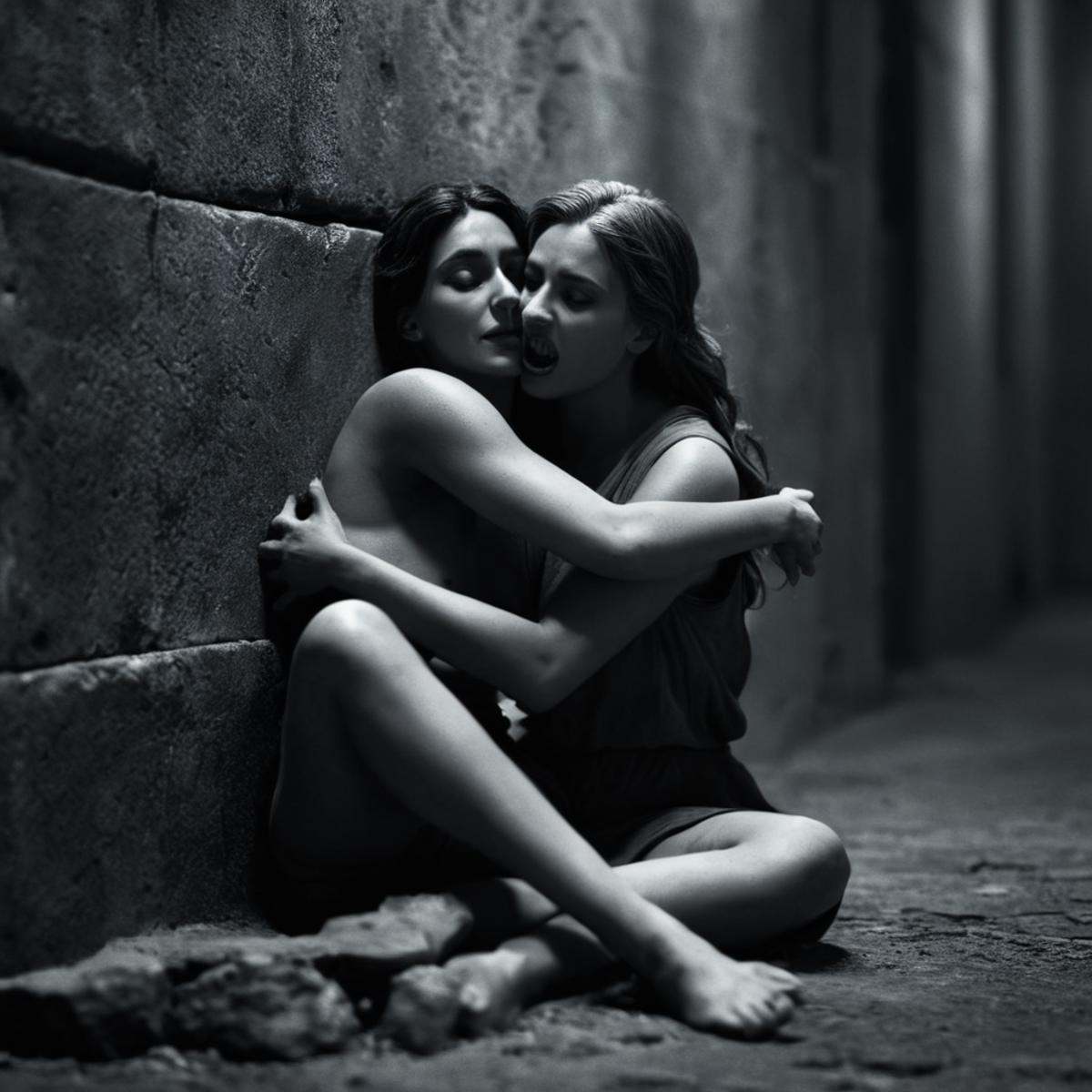 cinematic film still of In a mythical world a statue of a woman hugged by a smaller woman sitting on a ground in prison ja...