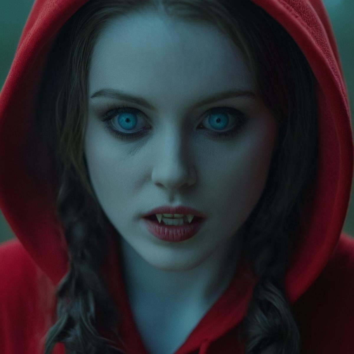 cinematic film still of Vampire pale skin undead creatures of the night a closeup of a little red vampire pale skin woman...