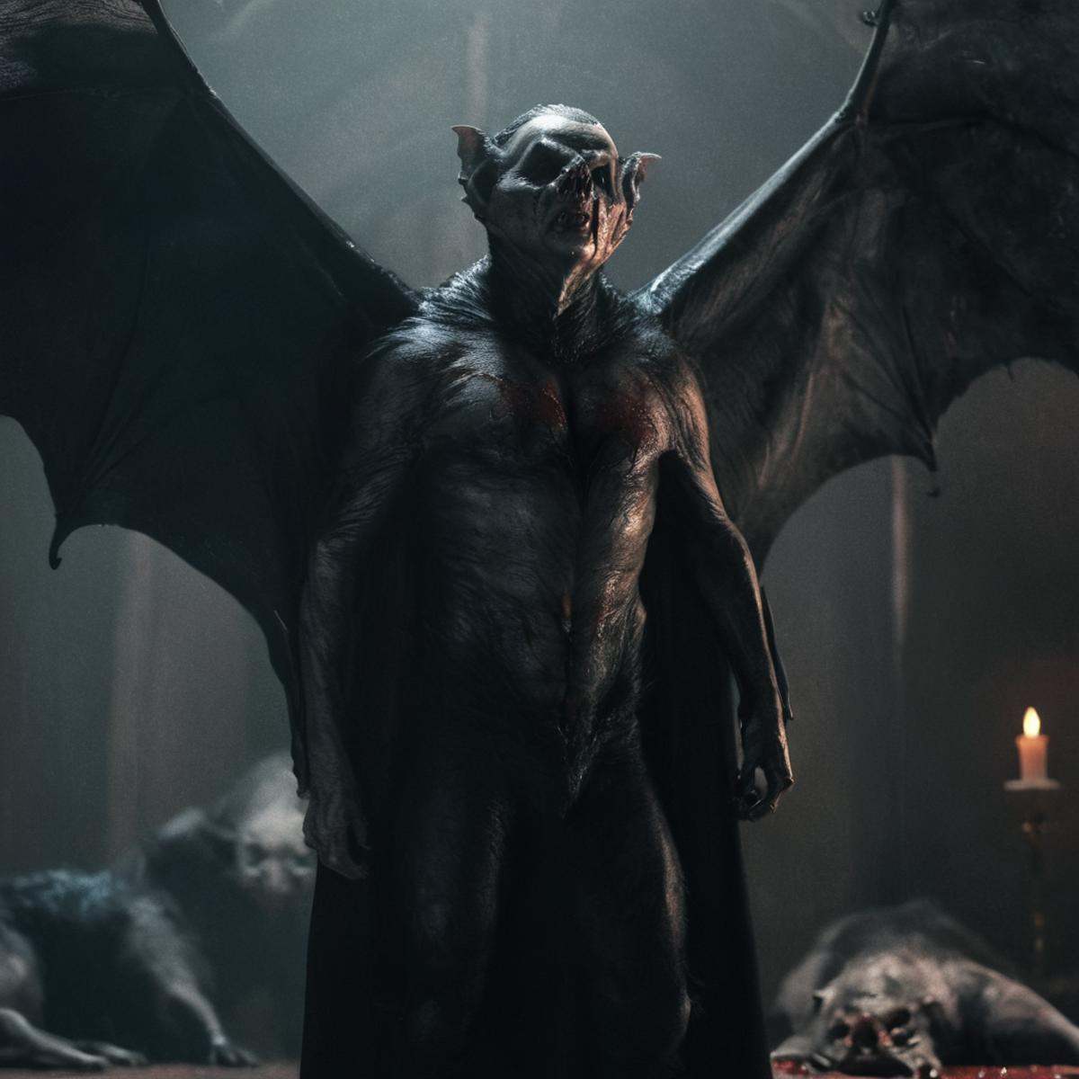 Horror-themed,  Vampire Bat Creature a man in a black cloak standing next to a large bat creature,  lying on Tensor.Art