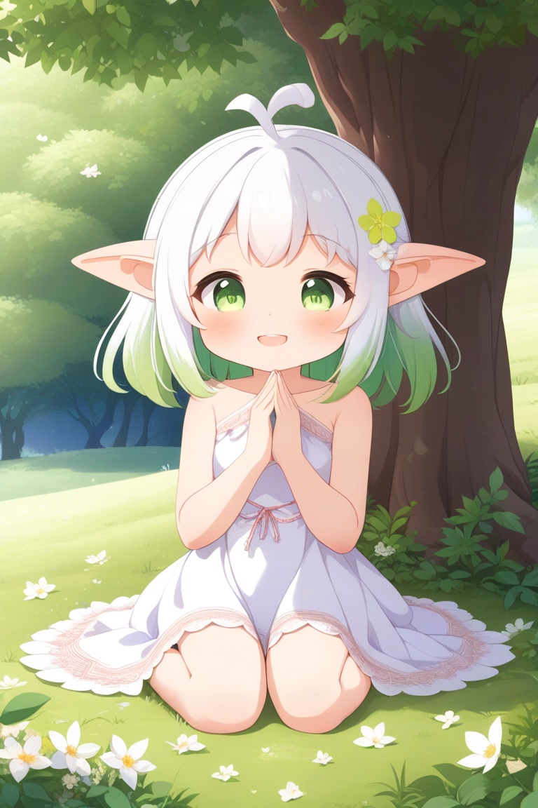 1girl, solo, blush, smile, bangs, hair ornament, dress, bare shoulders, sitting, closed mouth, green eyes, flower, ahoge, white hair, multicolored hair, outdoors, detached sleeves, green hair, sleeveless, day, pointy ears, hair flower, white dress, tree, hands up, gradient hair, sleeveless dress, own hands together, grass, white flower, nature, seiza