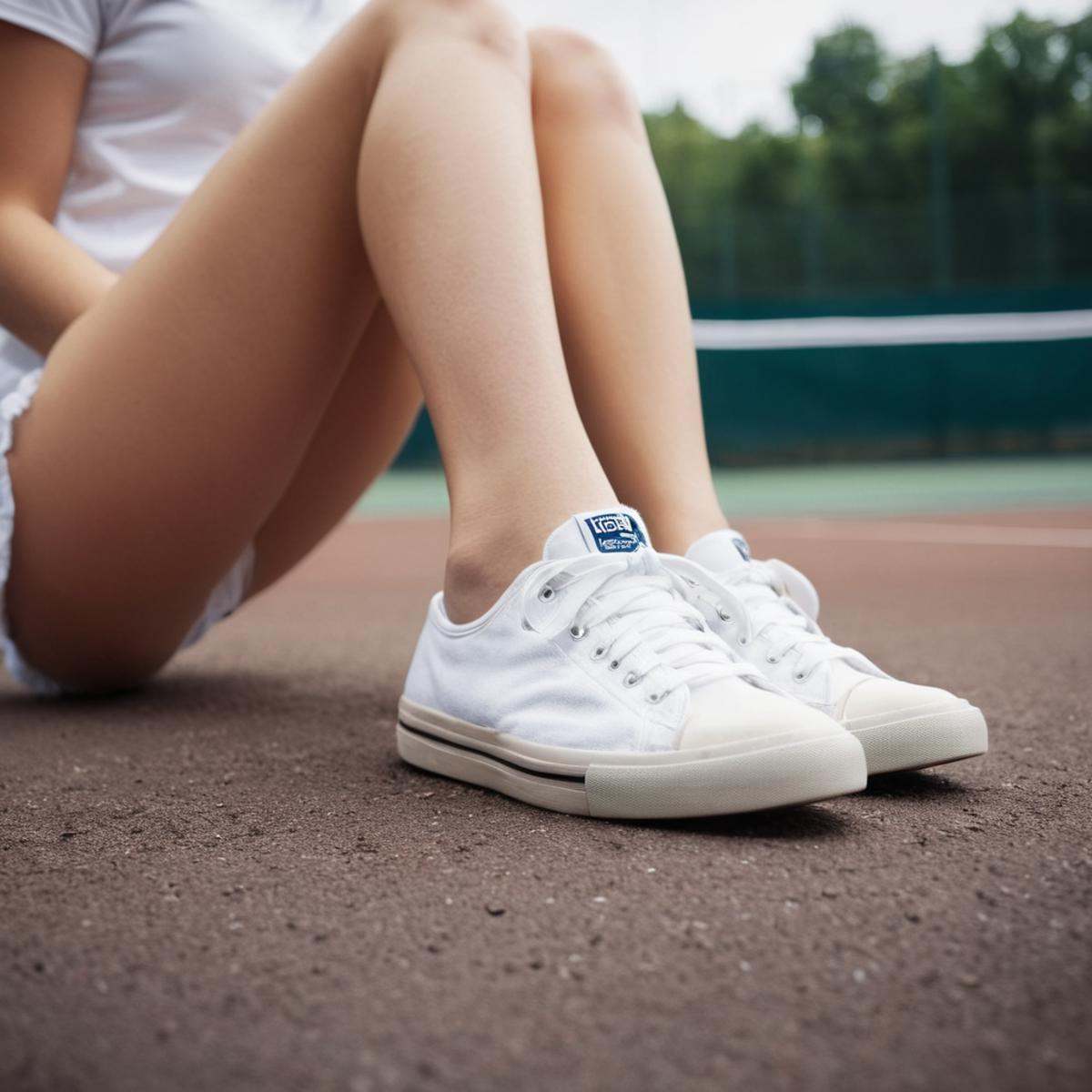 cinematic film still of A perfect detailed photo of a tennis player woman laying on the ground with her sneakersfeet up,...