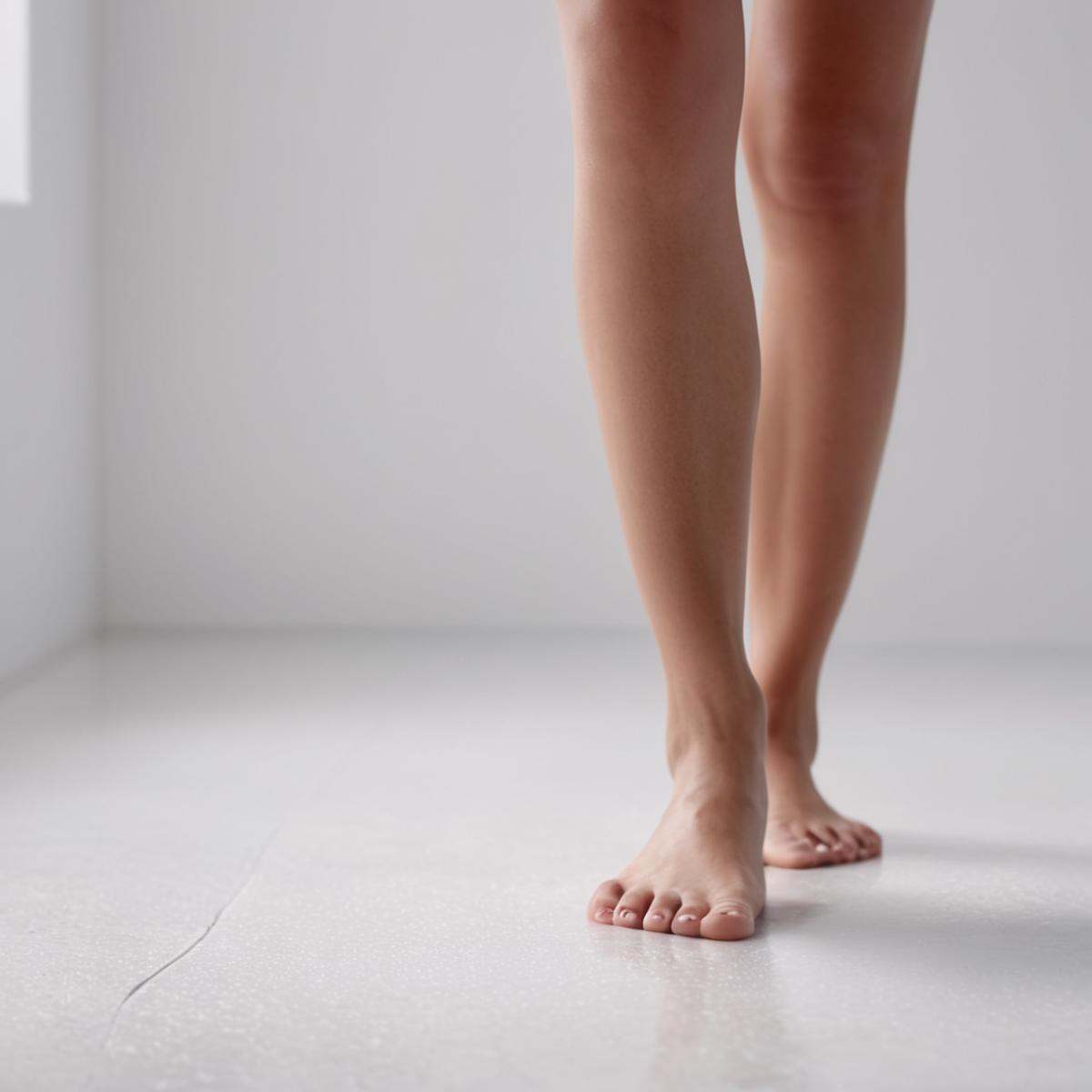 cinematic film still of A perfect detailed photo of a person with bare feet standing on a white surface,  foot focus,  cin...