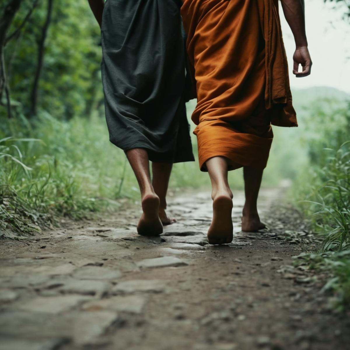 cinematic film still of A perfect photo of a couple of monk people walking down a path,  foot focus,  cinematic feet on Te...