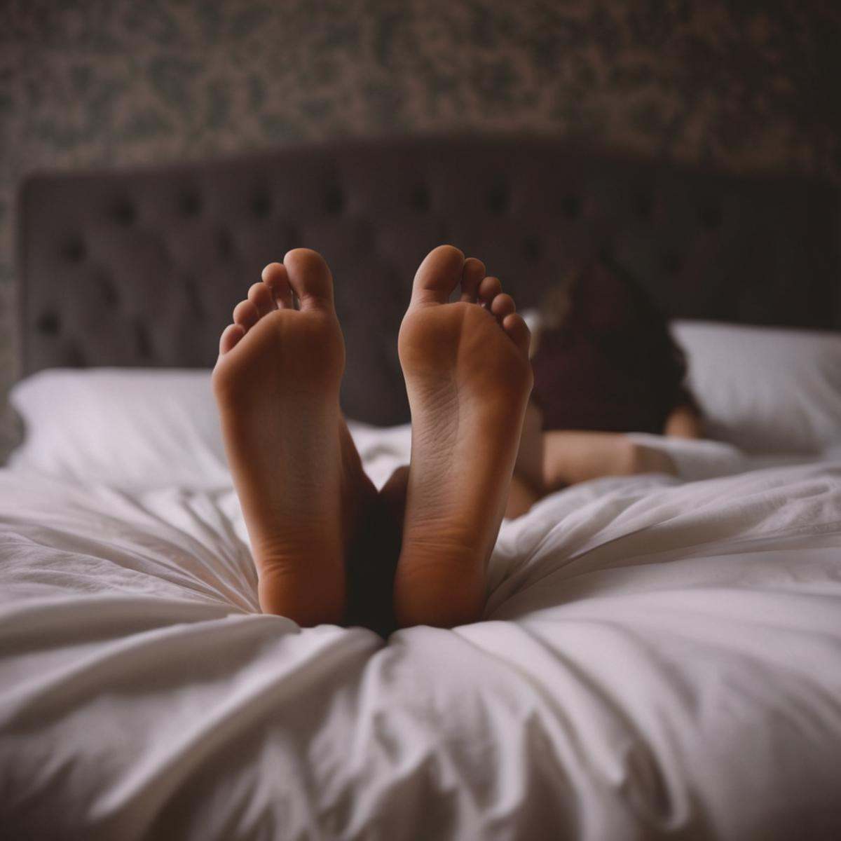 cinematic film still of A perfect photo of a woman sitting on a bed with her crossed bare feet up,  shallow depth of field...