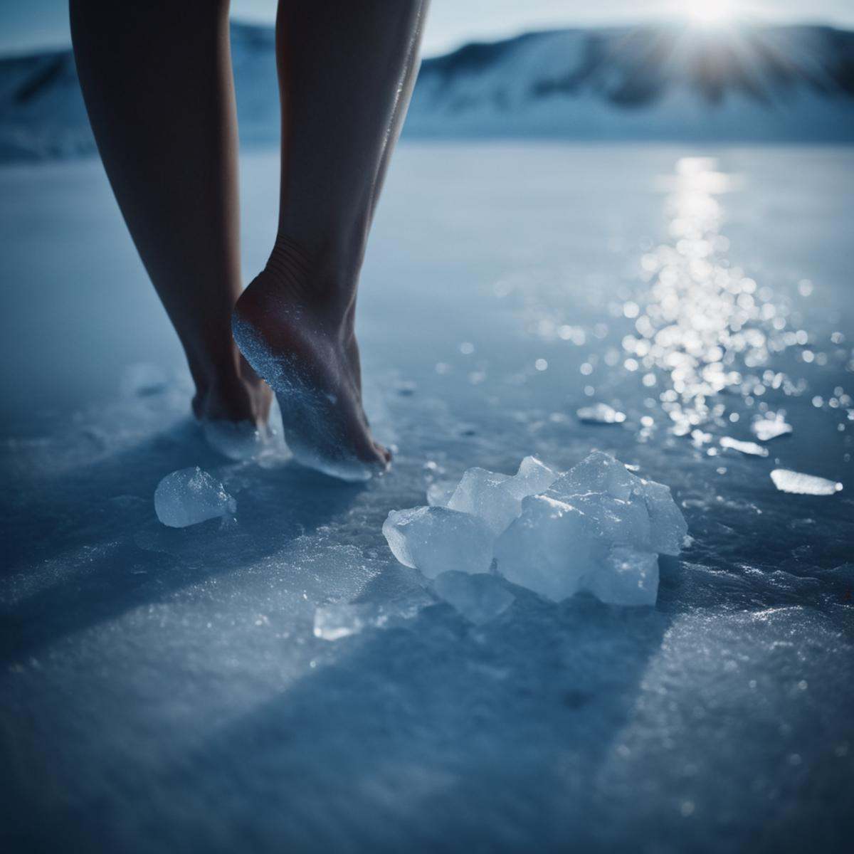 cinematic film still of A perfect photo of a woman's feet are covered in ice,  shallow depth of field,  vignette on Tensor...