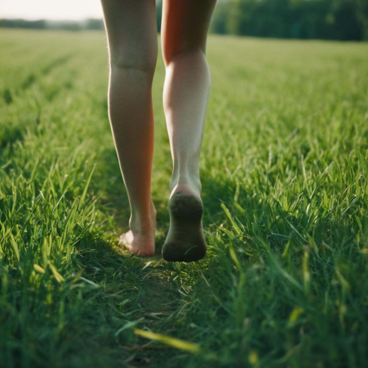 cinematic film still of A perfect photo of a person from behind walking on a lush green field,  foot focus,  cinematic fee...