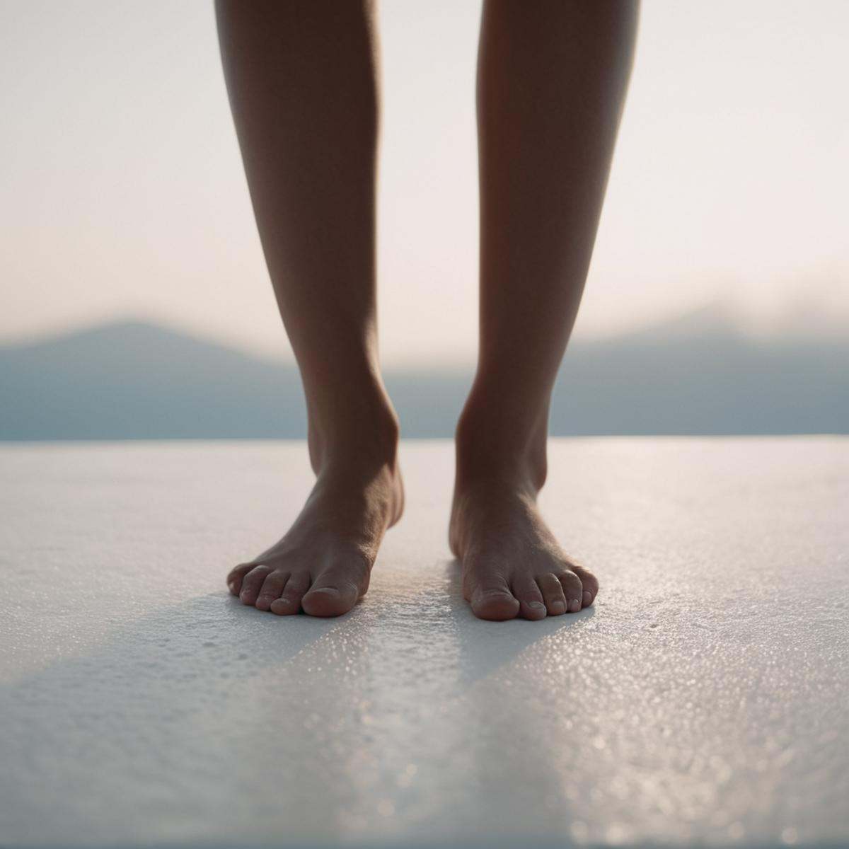 cinematic film still of A perfect detailed photo of a person with bare feet standing on a white surface,  shallow depth of...