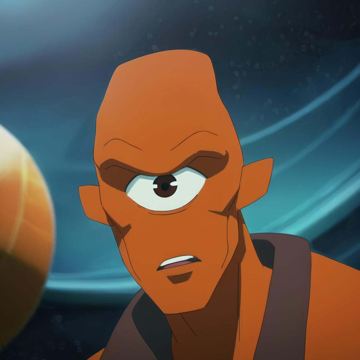 cinematic film still of anime artwork of Unopan race,  Allen the Alien,  representative of the Coalition of Planets on Ten...