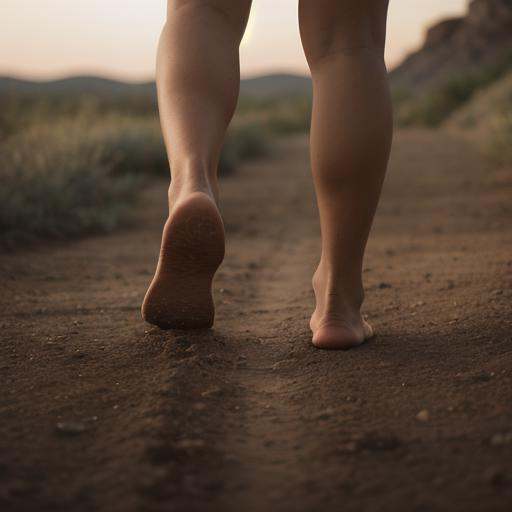 cinematic film still of A perfect photo of a person walking on a dirt path with their dirty feet in the air,  shallow dept...