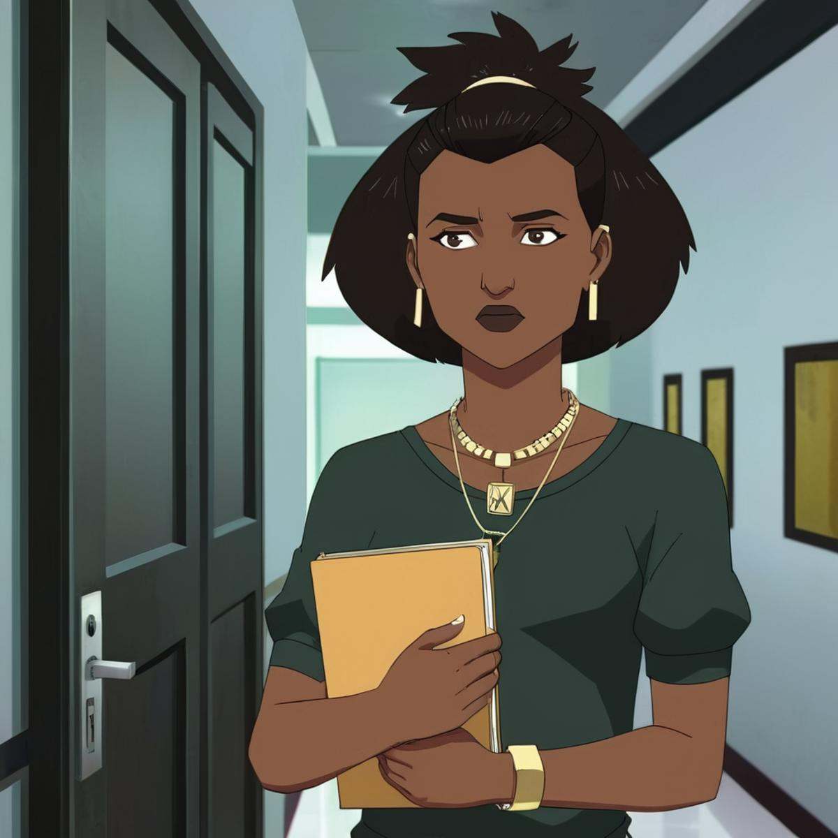 anime artwork of Amber Bennett a woman holding a folder in a hallway,  1girl,  solo on Tensor.Art