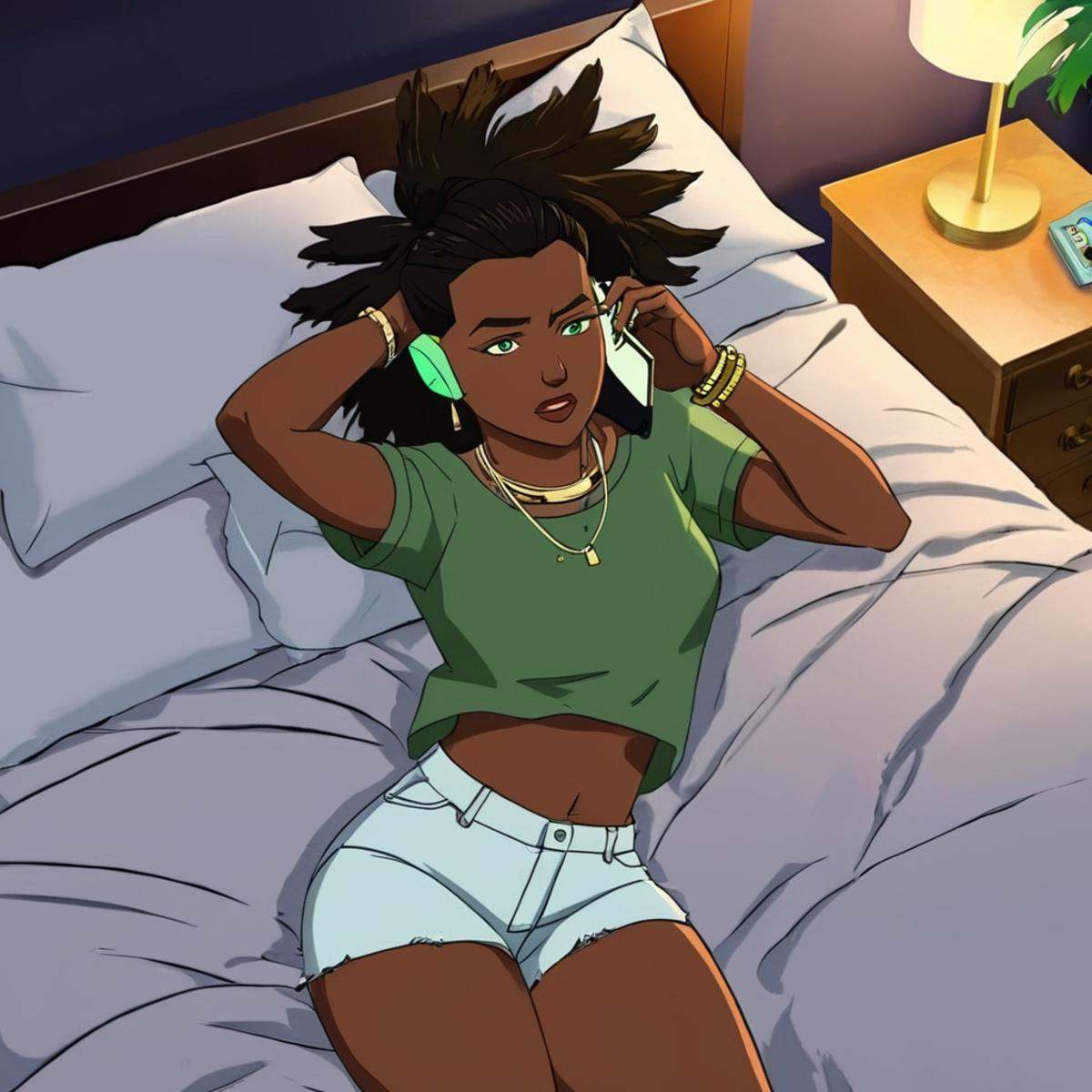 anime artwork of From above,  Amber Bennett a woman talking on a cell phone in a bedroom while laying on bed,  1girl on Te...