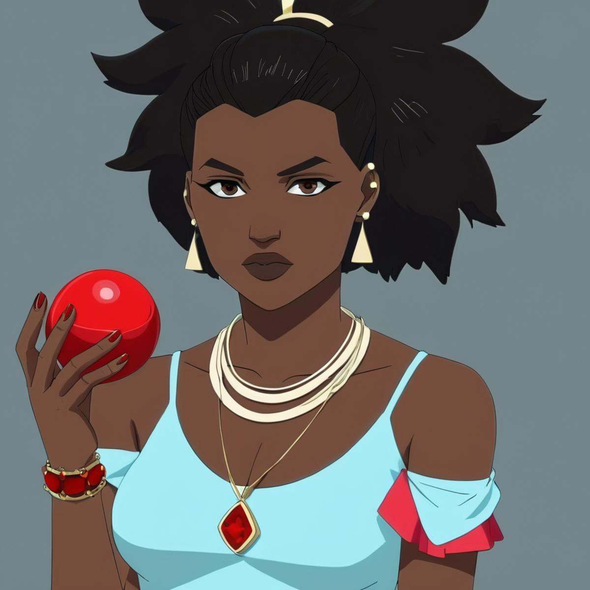 anime artwork of Amber Bennett a black woman holding a red object in her hand,  1girl,  solo on Tensor.Art
