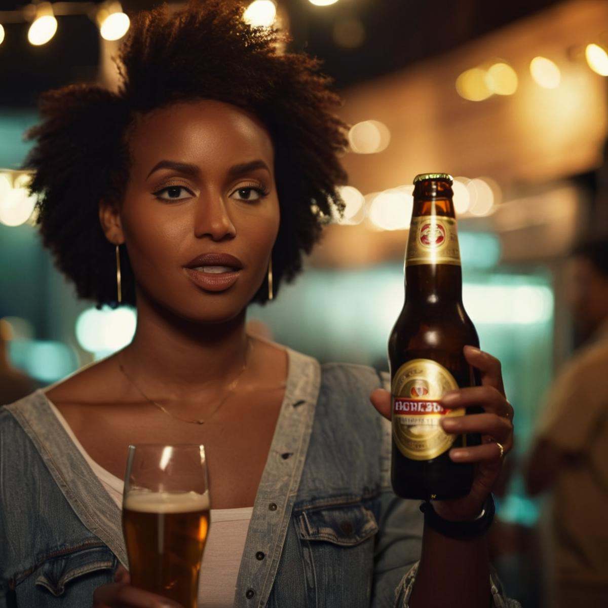 cinematic film still of Amber Bennett a black woman holding bottle of beer in her hand,  shallow depth of field,  vignette...