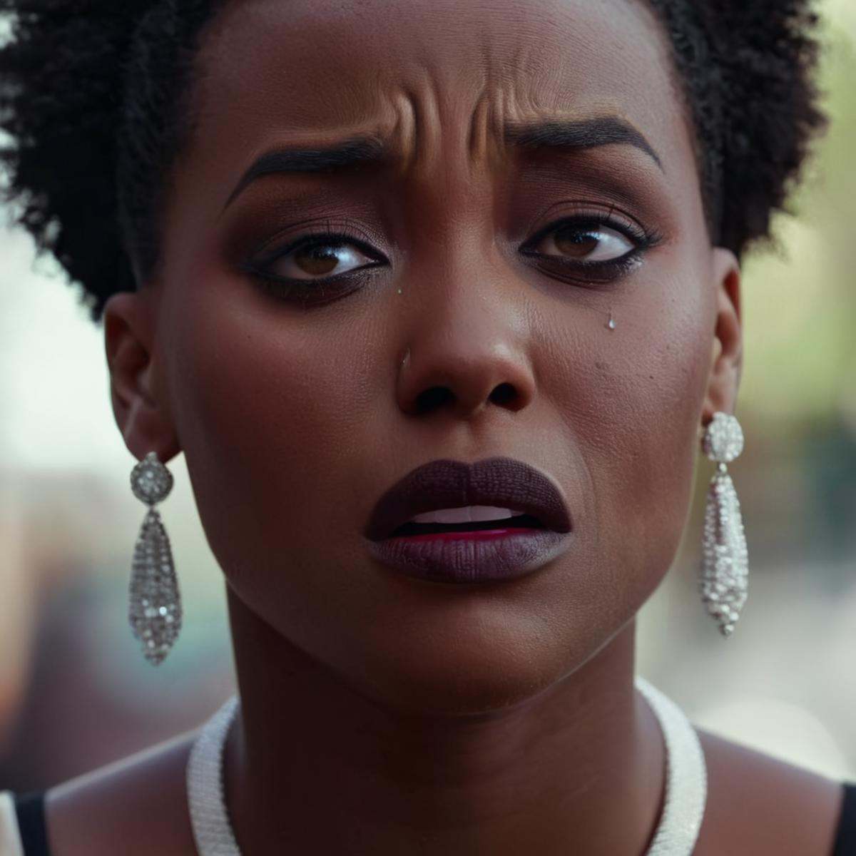 cinematic film still of Amber Bennett a black woman crying with a tear,  teary face,  solo on Tensor.Art