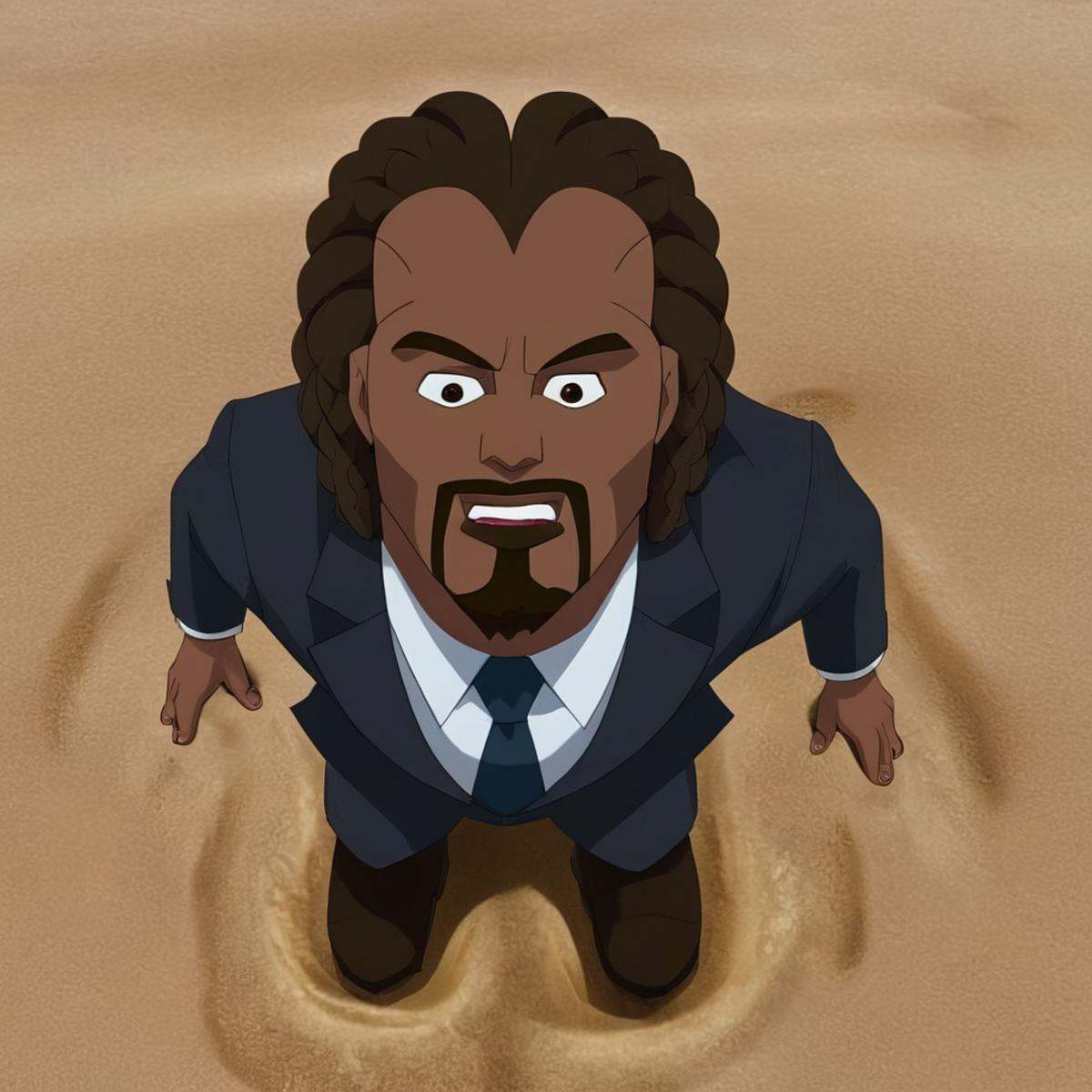 cinematic film still of Angstrom Levy deformed brain shaped head a cartoon of a man in a suit crawling on the sandy ground...