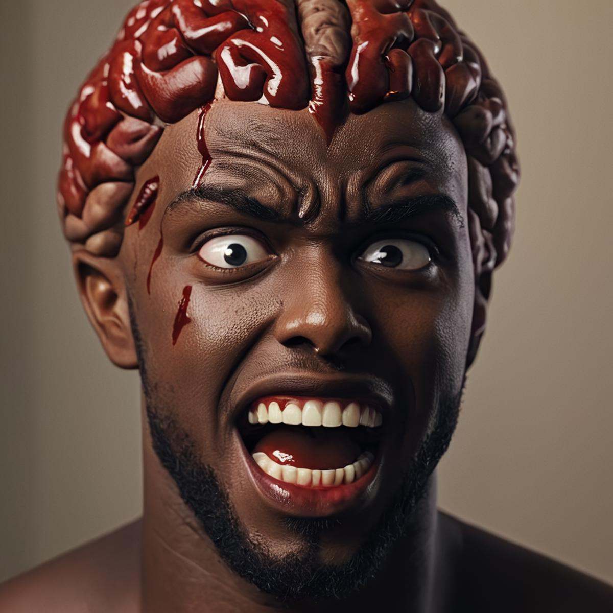 cinematic film still of Angstrom Levy deformed brain shaped head a black character with a bloody face and a big grin,  Ang...