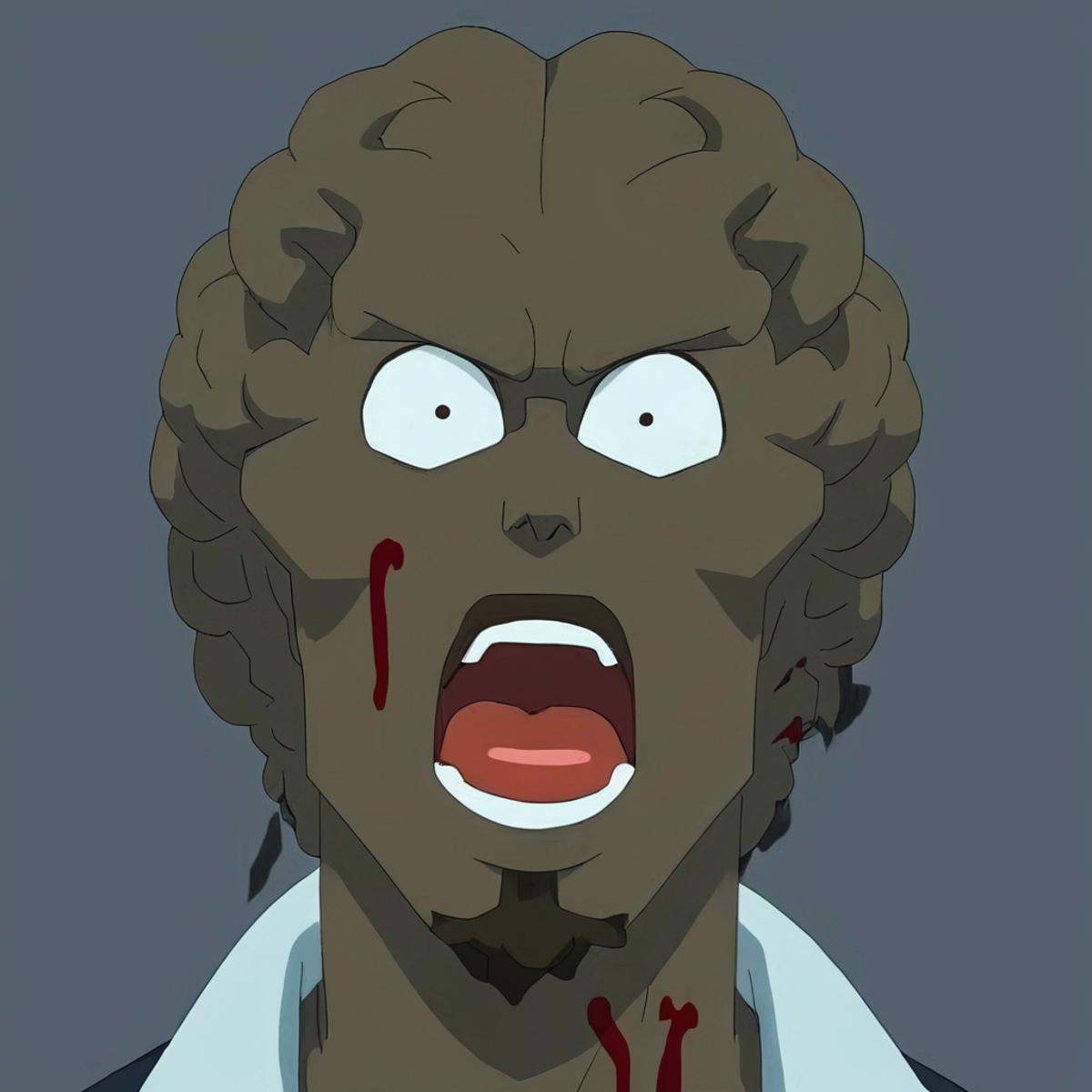 anime artwork of Angstrom Levy deformed brain shaped head a cartoon black character with a bloody face and a big grin,  An...