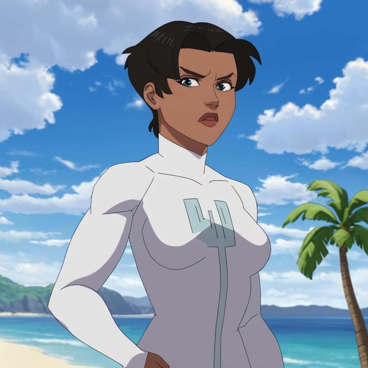 anime artwork of detailed perfect Anissa Viltrumite a woman in a white suit standing on a beach,  Anissa1,  Viltrum outfit...