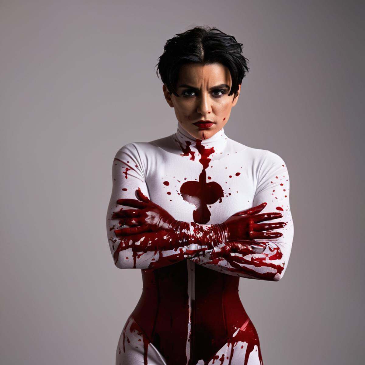 cinematic film still of detailed hand perfect hand Anissa Viltrumite a woman in a costume with blood on her hands,  Anissa...