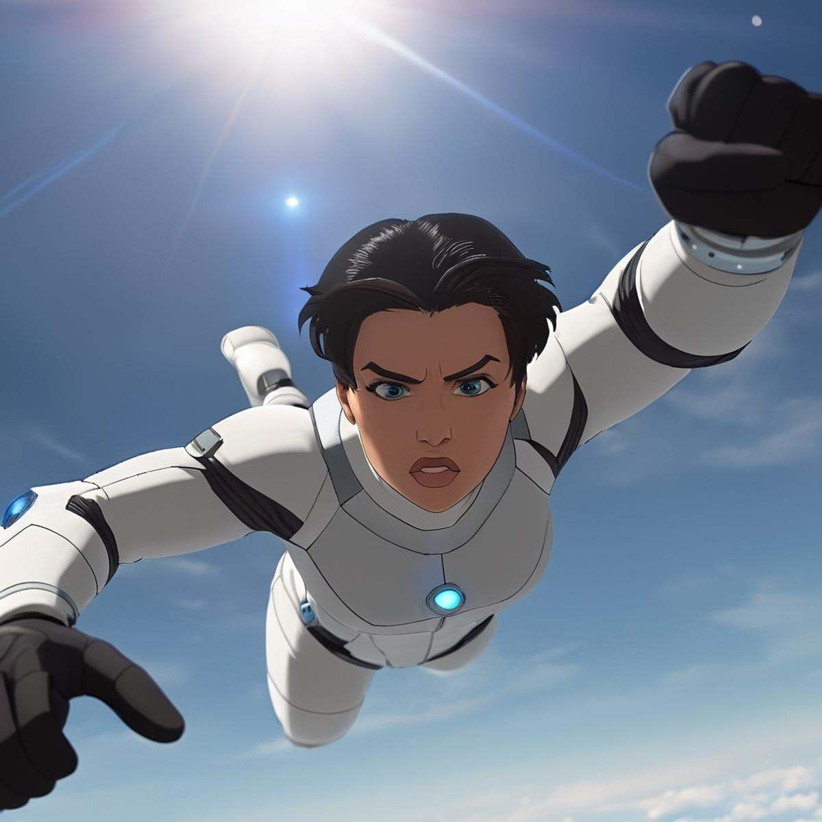 cinematic film still of detailed perfect Anissa Viltrumite a man flying through the air in a space suit,  Anissa1,  Viltru...
