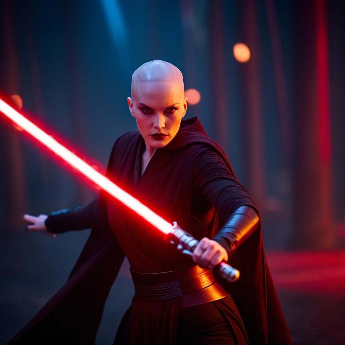 cinematic film still of Asajj Ventress a woman in a dress holding two red lightsaber swords In Star Wars Universe,  shallo...