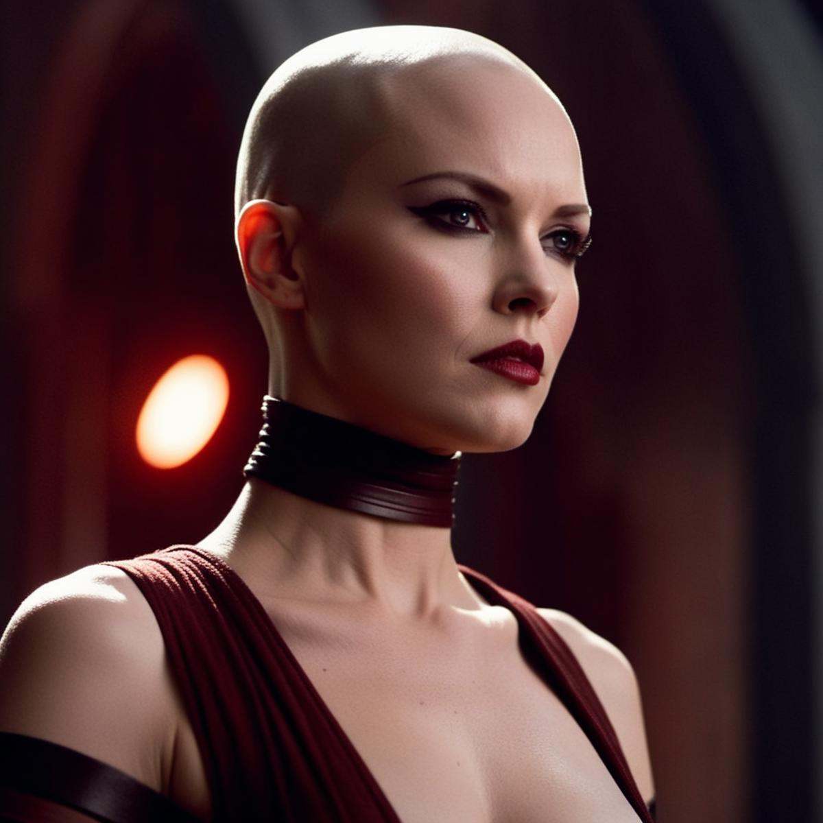 cinematic film still of Asajj Ventress a very attractive hot naked epic breasts awesome nipples white woman with a shaved...