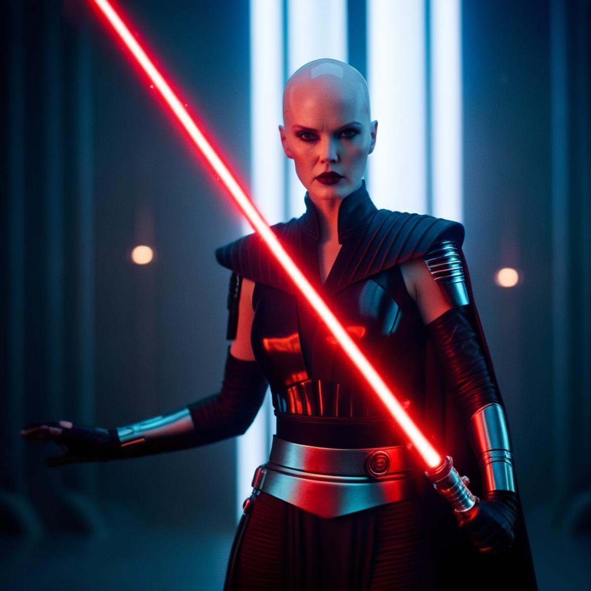 cinematic film still of Asajj Ventress a woman in a futuristic suit with a red light saber In Star Wars Universe,  shallow...
