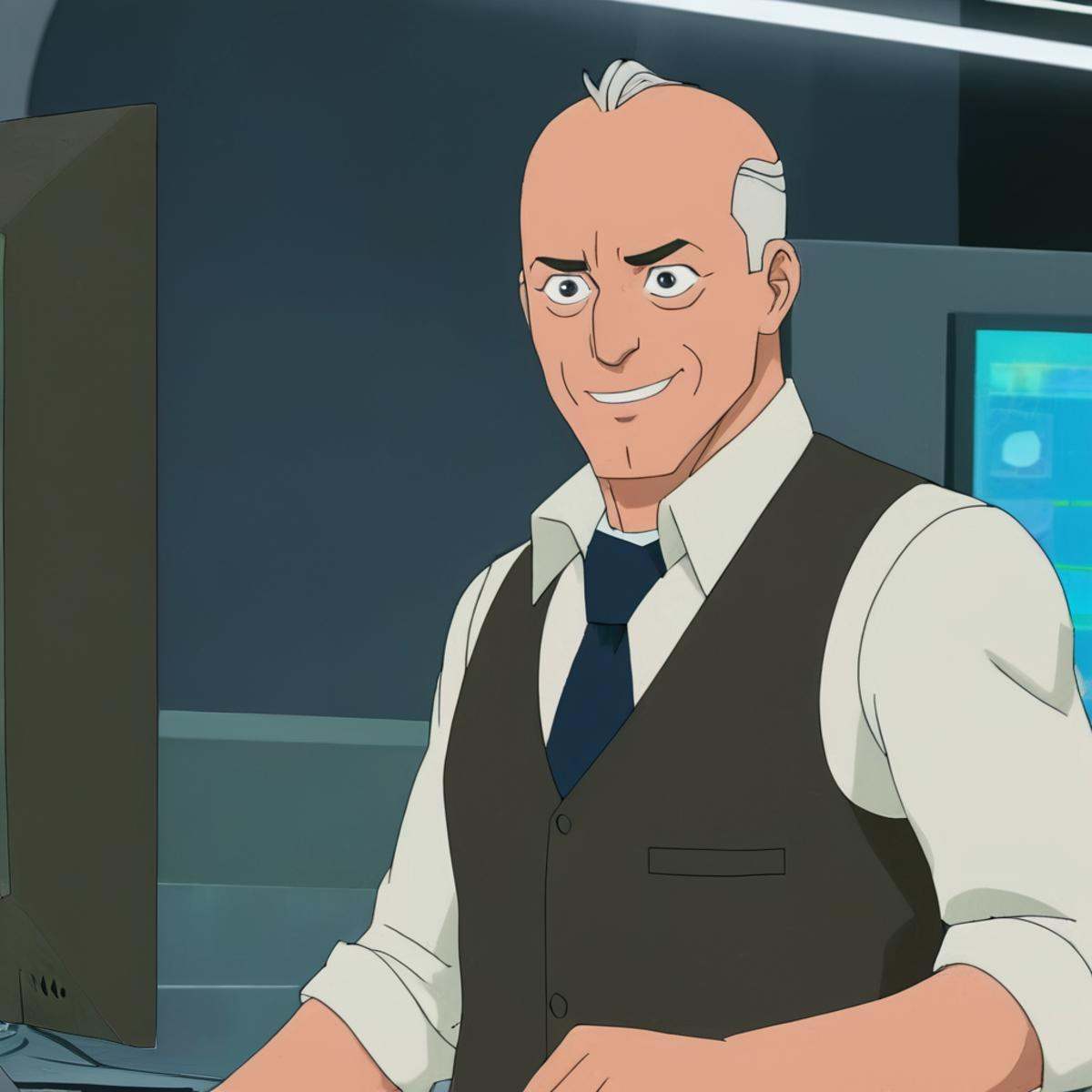 anime artwork of detailed perfect Arthur Rosebaum a man in a vest and tie standing in front of a monitor,  tailor,  design...