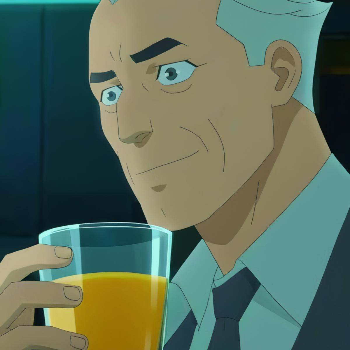 anime artwork of detailed perfect Arthur Rosebaum a man holding a glass of orange juice,  tailor,  designer on Tensor.Art