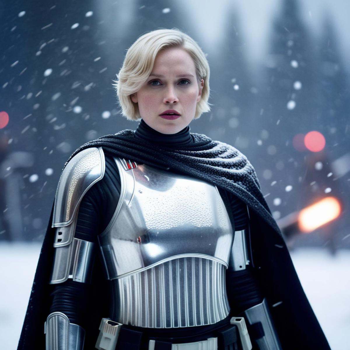 cinematic film still of Captain Phasma a blonde short hair woman with scar marks on her face in a star wars silver armor o...