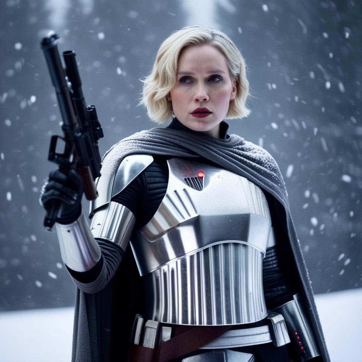 cinematic film still of Captain Phasma a blonde short hair woman with scar marks on her face in a star wars silver armor o...