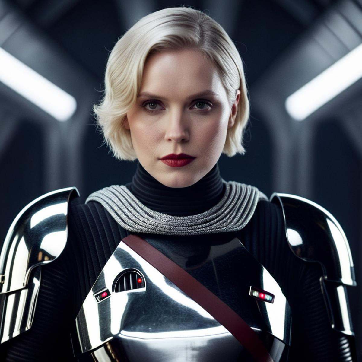 cinematic film still of Captain Phasma a very hot short hair blonde woman in silver armor with a cape on In Star Wars Univ...
