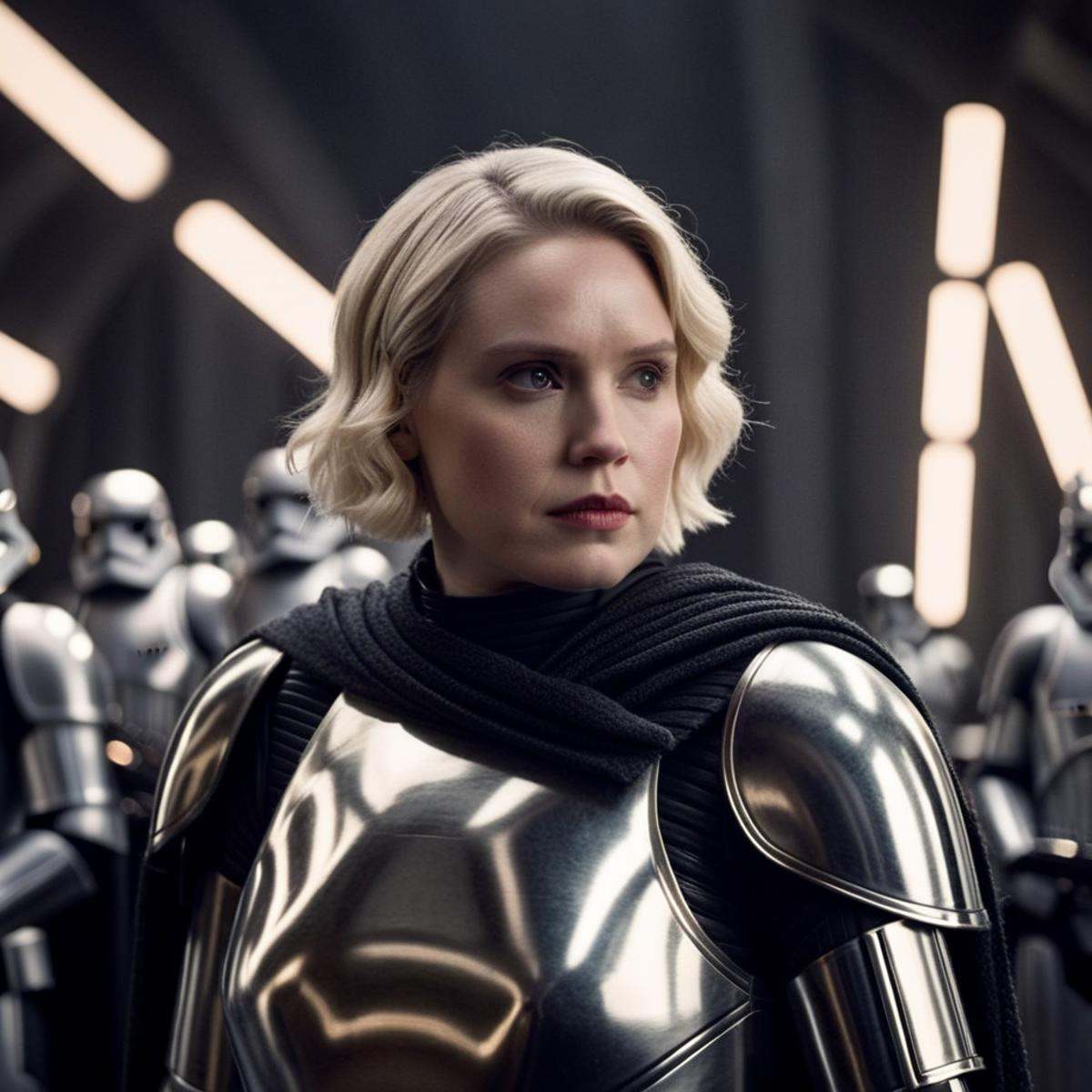 cinematic film still of Captain Phasma a blonde short hair woman in silver armor holding a spike wither her both hands In...